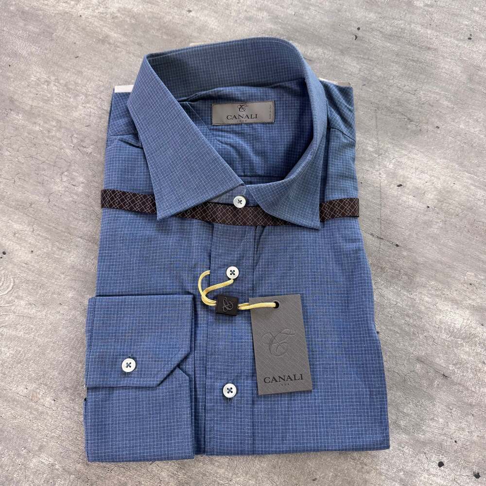 CANALI Blue Micro Grid Chambray Cotton Long Sleeve Shirt 18/45 NEW Button Up